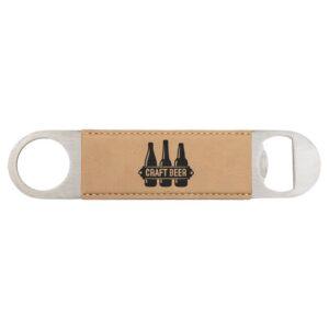 Personalized Bottle Opener, Engraved Faux Leather - Bar Blade 7″ / Light Brown