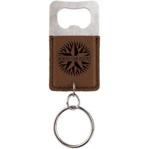 Personalized Bottle Opener Keychain, Engraved Faux Leather - Rectangle, Dark Brown