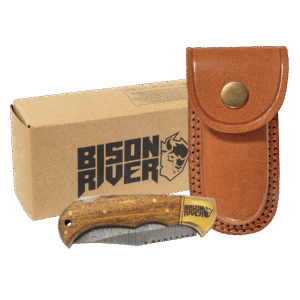 Personalized Bison River Damascus Folding Knife with Leather Sheath