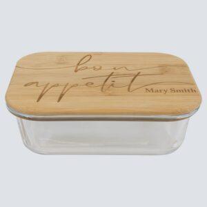 Personalized Glass Food Container with Engraved Bamboo Lid - Rectangle 21 oz
