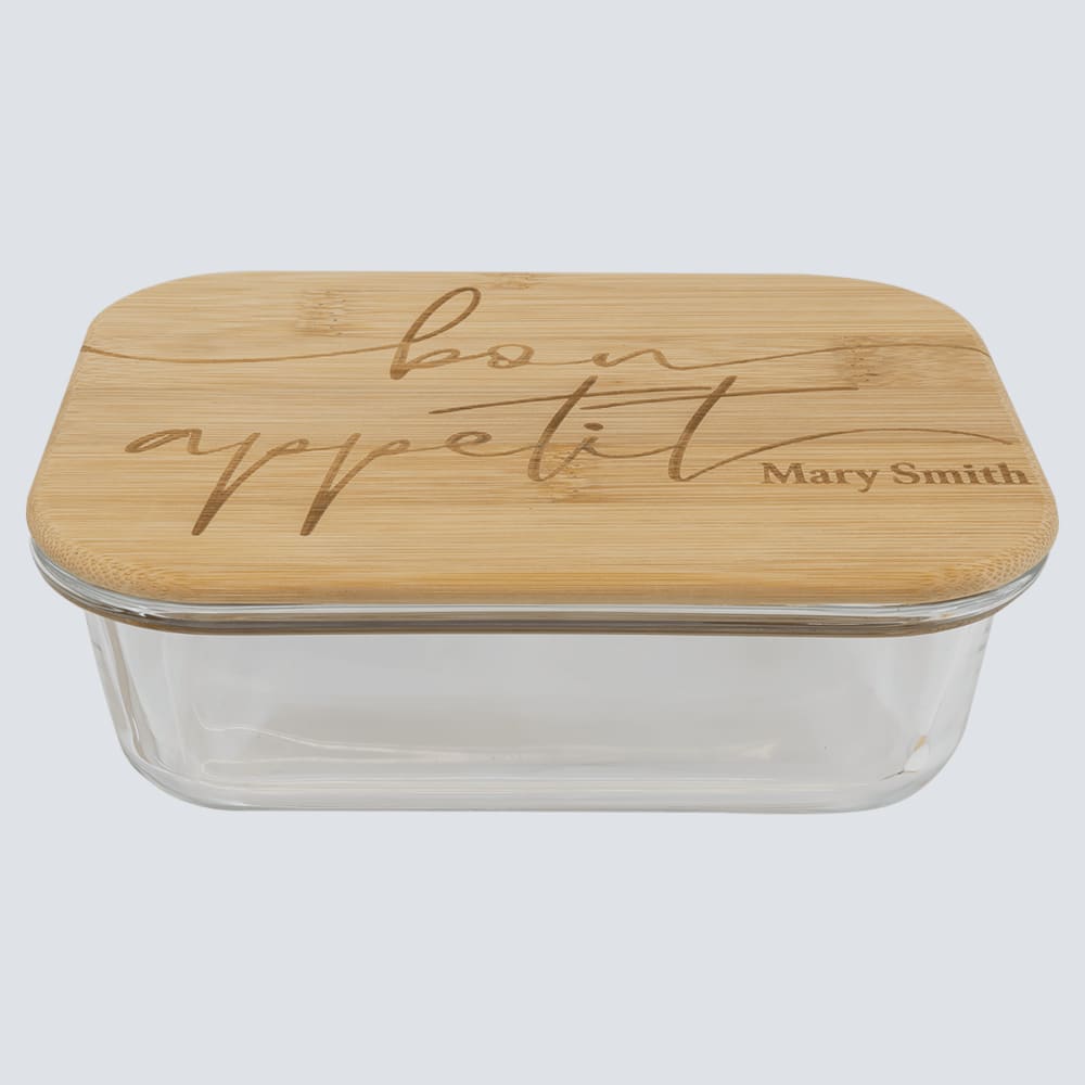 Personalized Glass Food Container with Engraved Bamboo Lid - Rectangle 21 oz