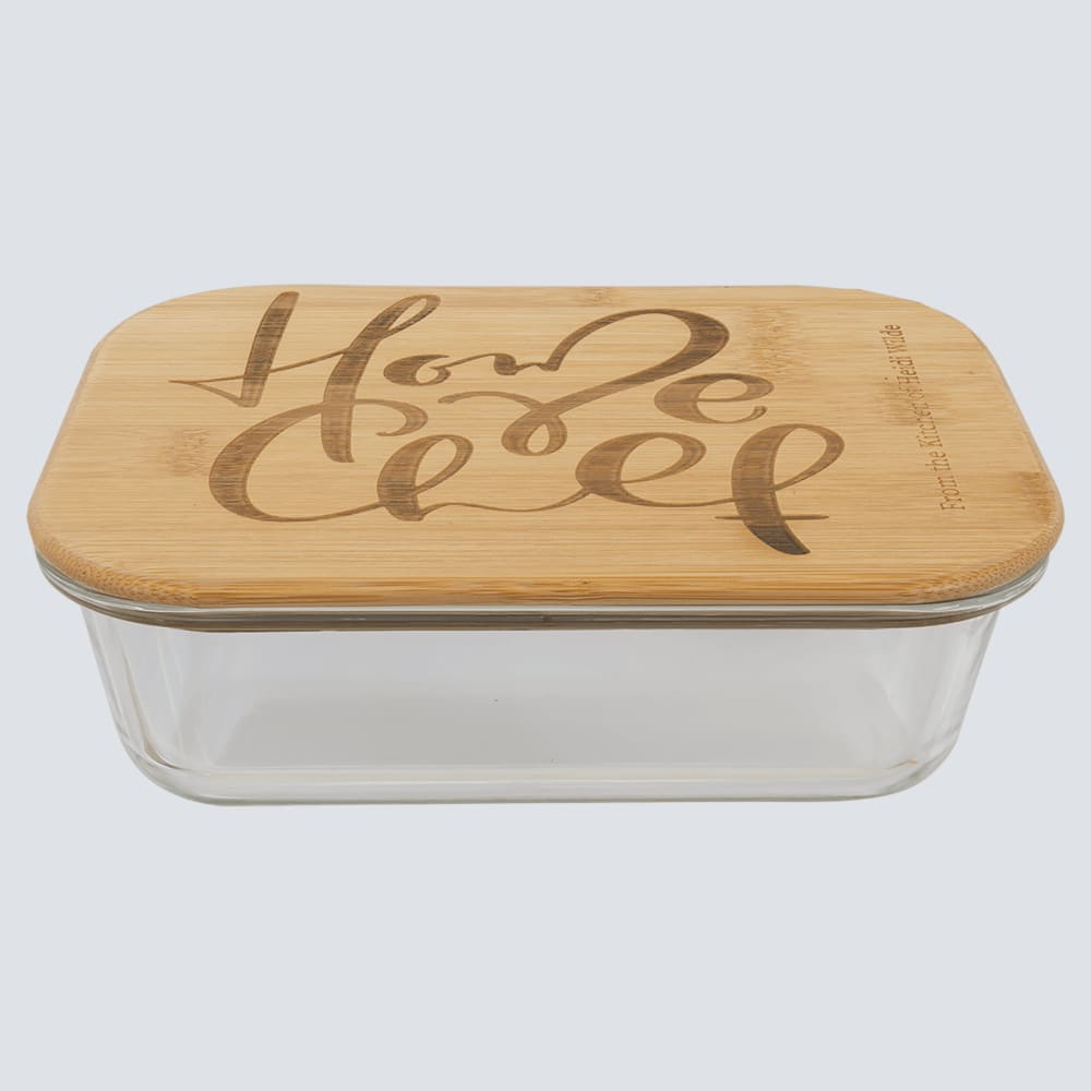 Personalized Glass Food Container with Engraved Bamboo Lid - Rectangle 35 oz