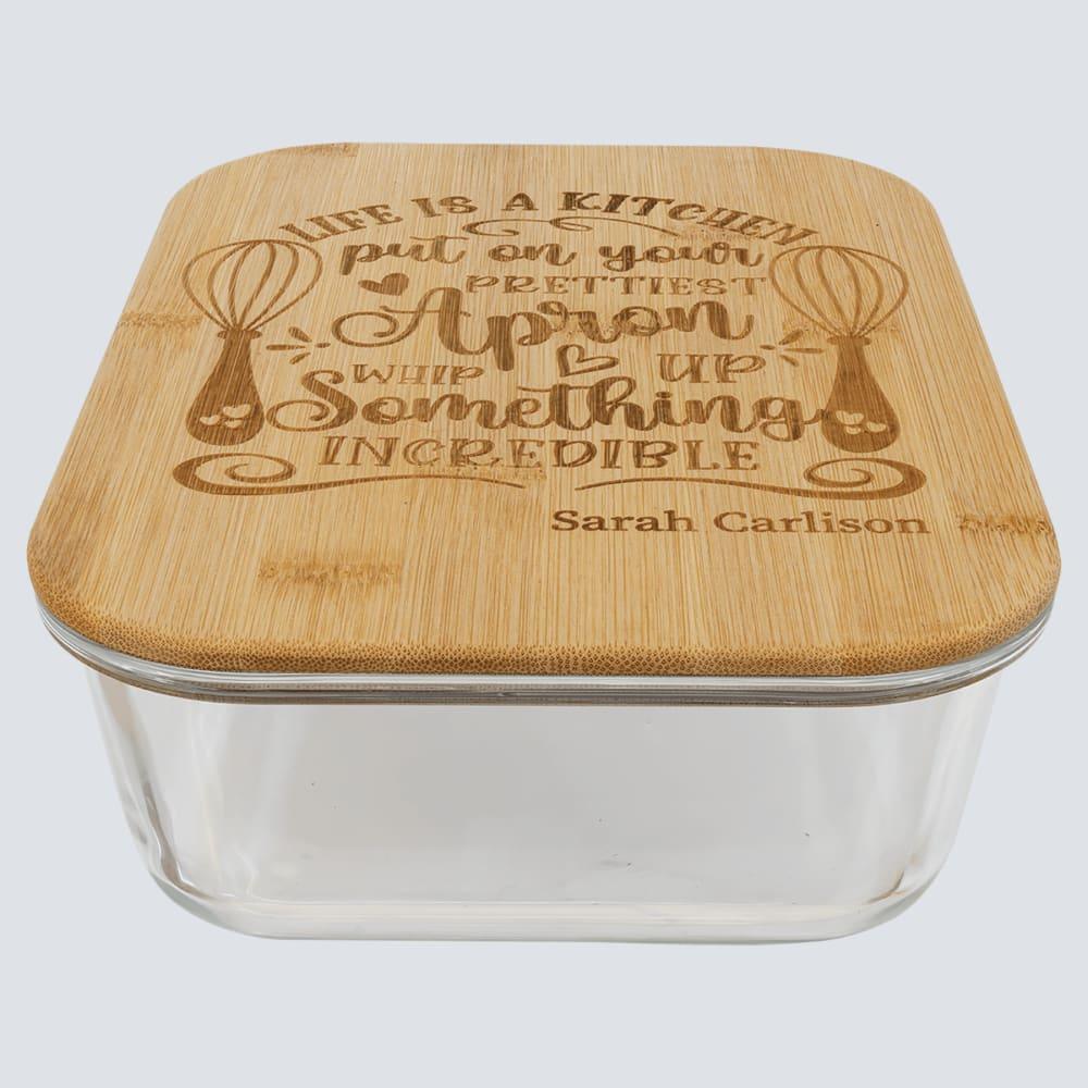 Personalized Glass Food Container with Engraved Bamboo Lid - Rectangle 50 oz