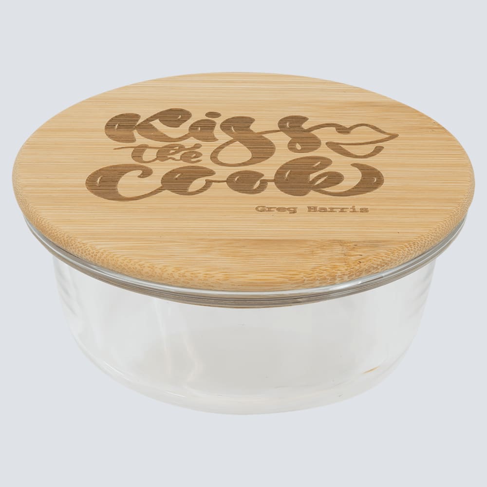 Personalized Glass Food Container with Engraved Bamboo Lid - Round 13 oz