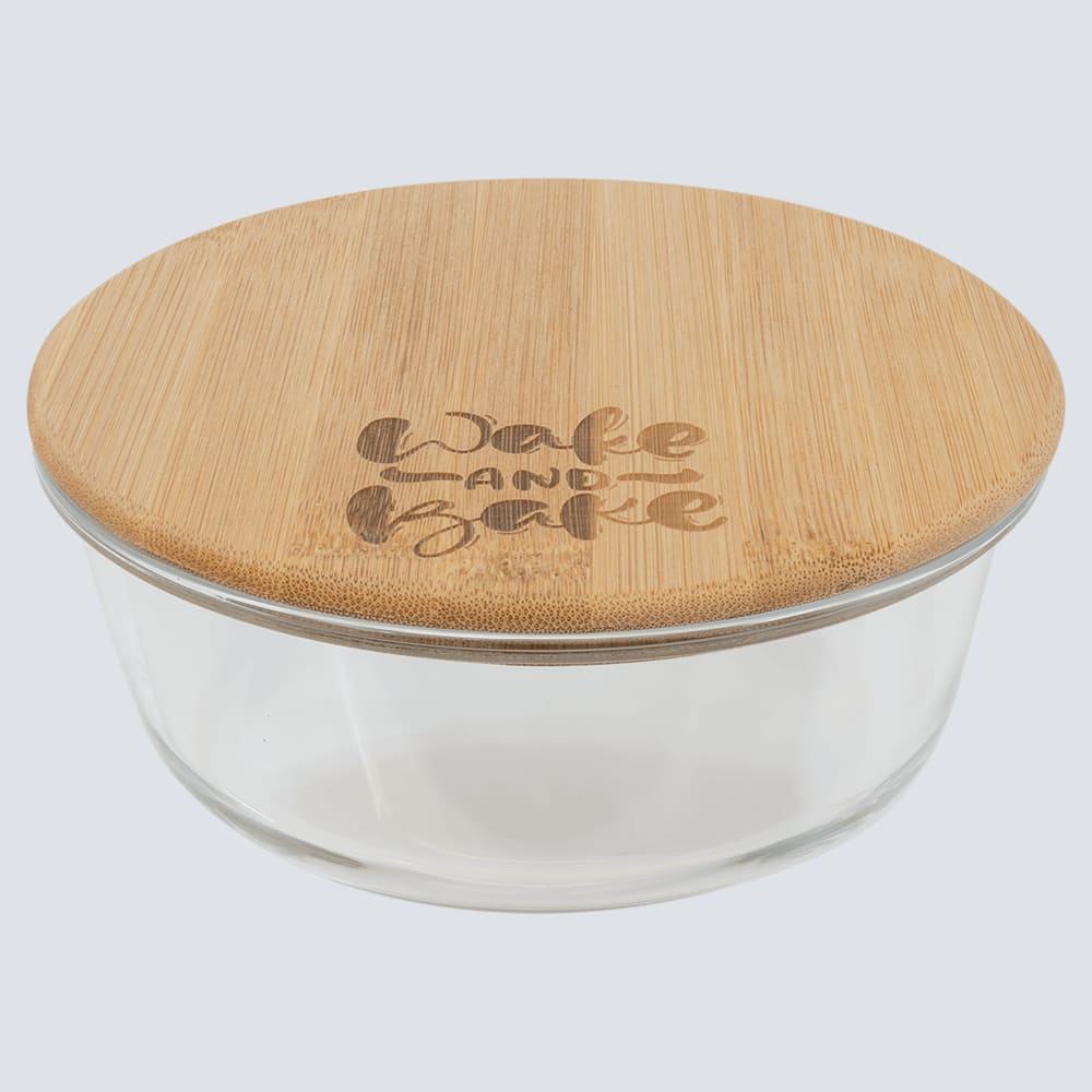 Personalized Glass Food Container with Engraved Bamboo Lid - Round 32 oz