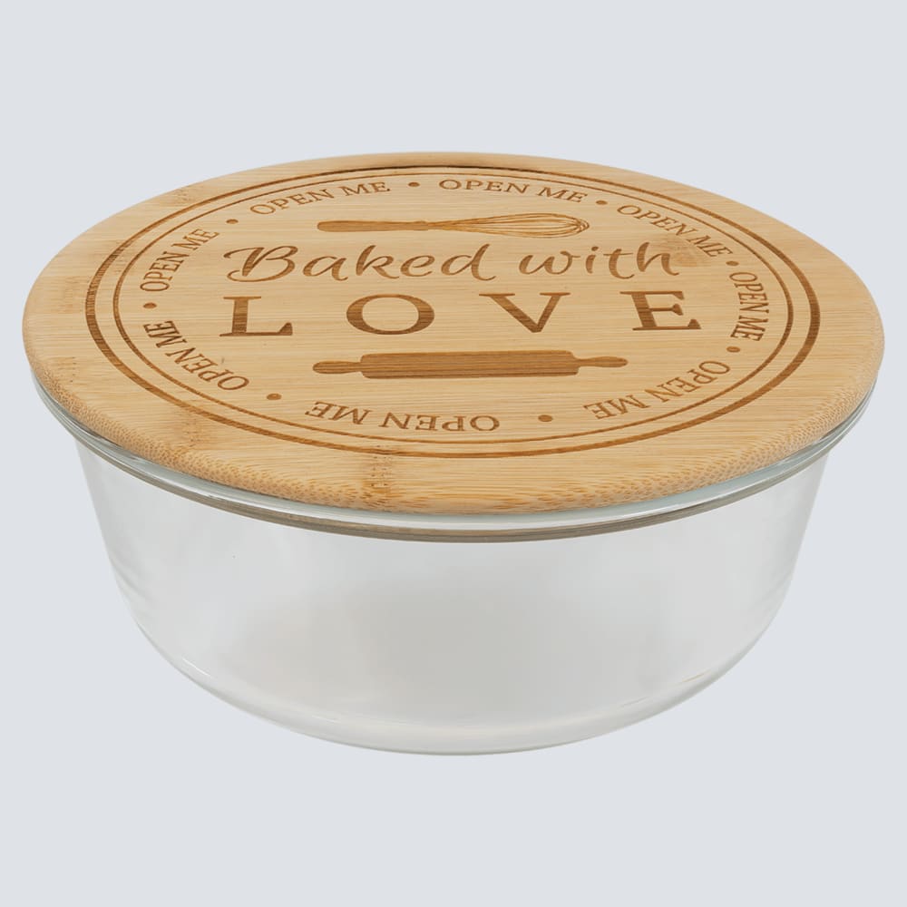 Personalized Glass Food Container with Engraved Bamboo Lid - Round 44 oz