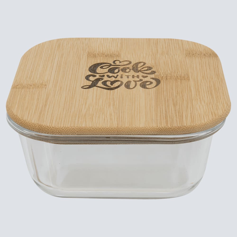 Personalized Glass Food Container with Engraved Bamboo Lid - Square 18 oz