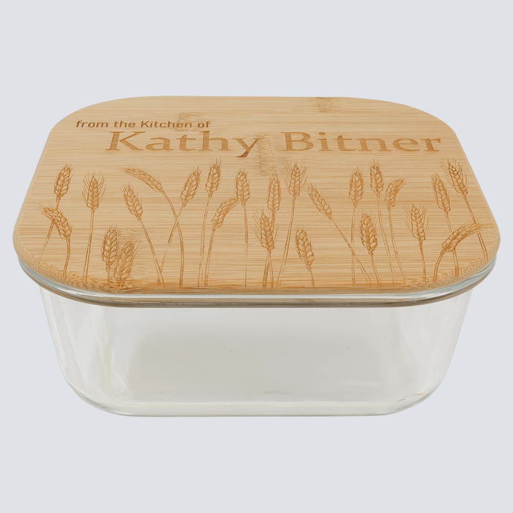 Personalized Glass Food Container with Engraved Bamboo Lid - Square 37 oz