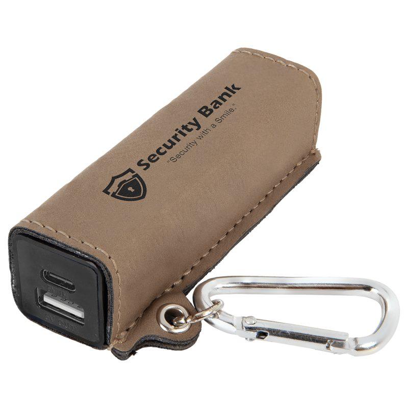 Personalized Light Brown Faux Leather 2200 mAh Power Bank with USB-C Cord