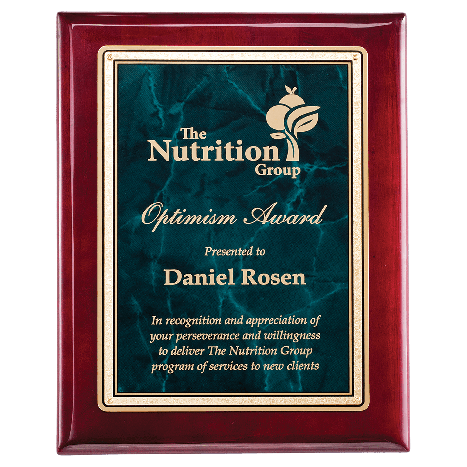 Personalized Rosewood Piano Finish Award Plaque – Emerald Marble & Gold, 9" x 12"