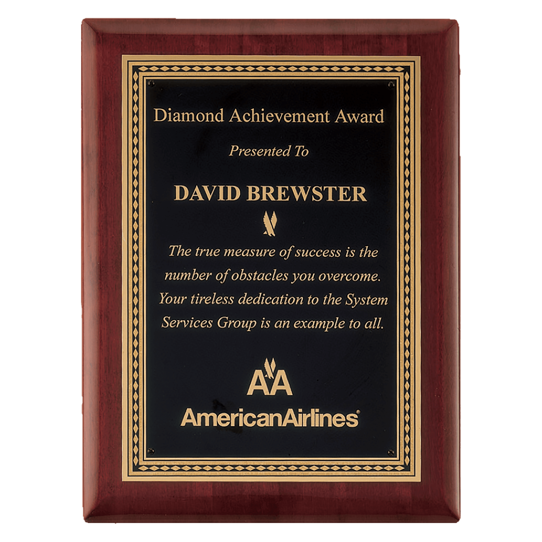 Personalized Rosewood Piano Finish Award Plaque – Gold Border Black Plate, 7" x 9"