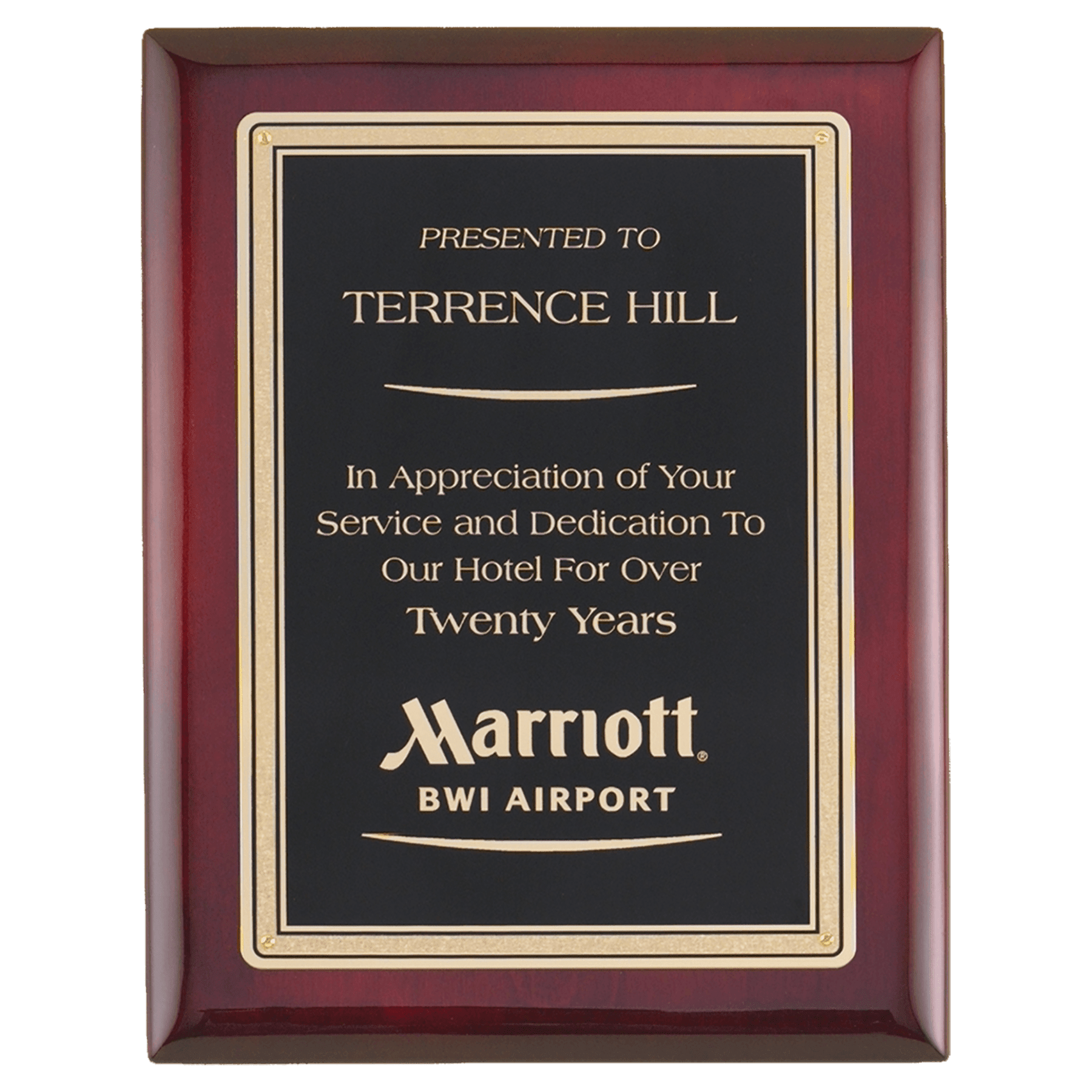 Personalized Rosewood Piano Finish Award Plaque – Gold Border Black Plate, 9" x 12"