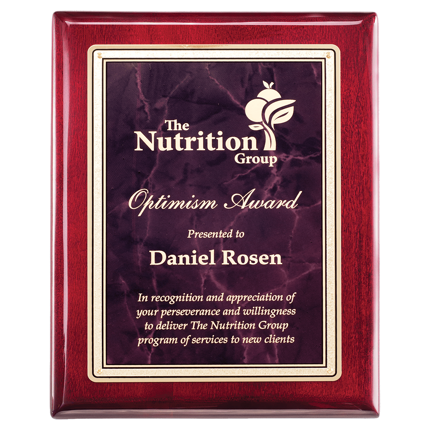 Personalized Rosewood Piano Finish Award Plaque – Ruby Marble & Gold, 7" x 9"