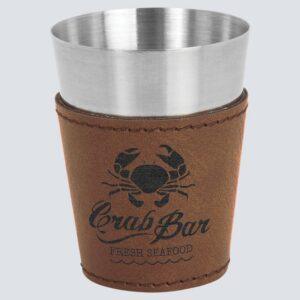 Personalized Shot Glass, Stainless with Faux Leather Wrap - Dark Brown
