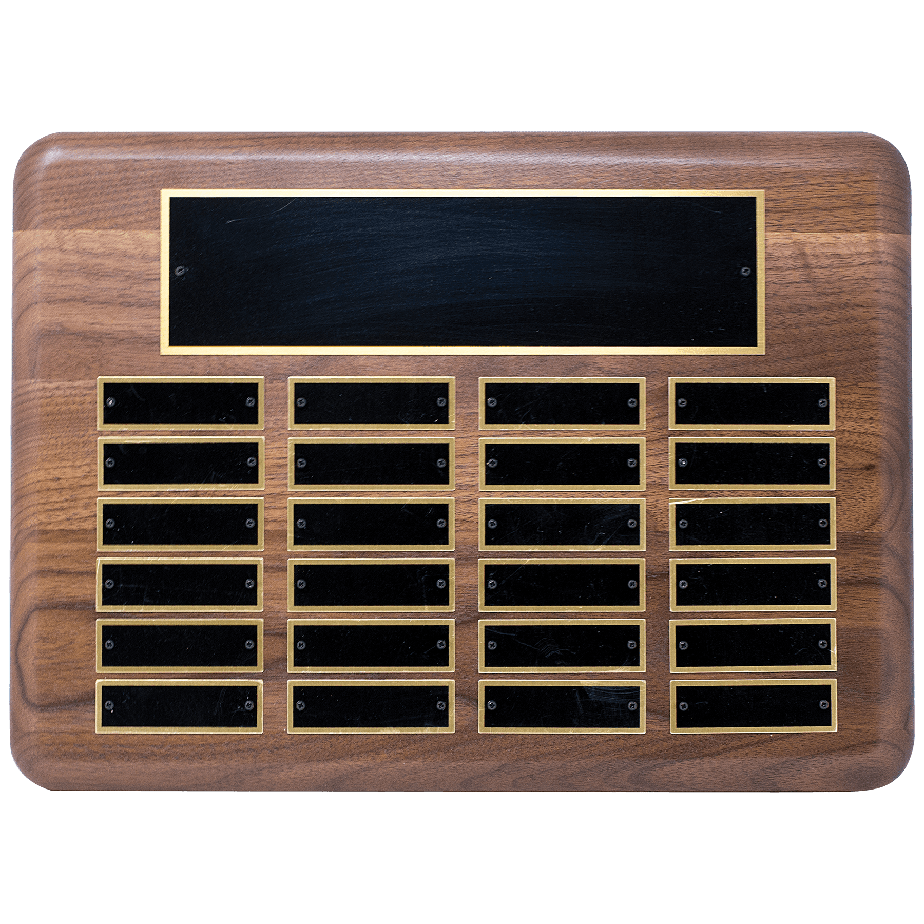 Personalized Walnut Perpetual Plaque (Black Brass Plates) – 24 Plates, 11" x 15"
