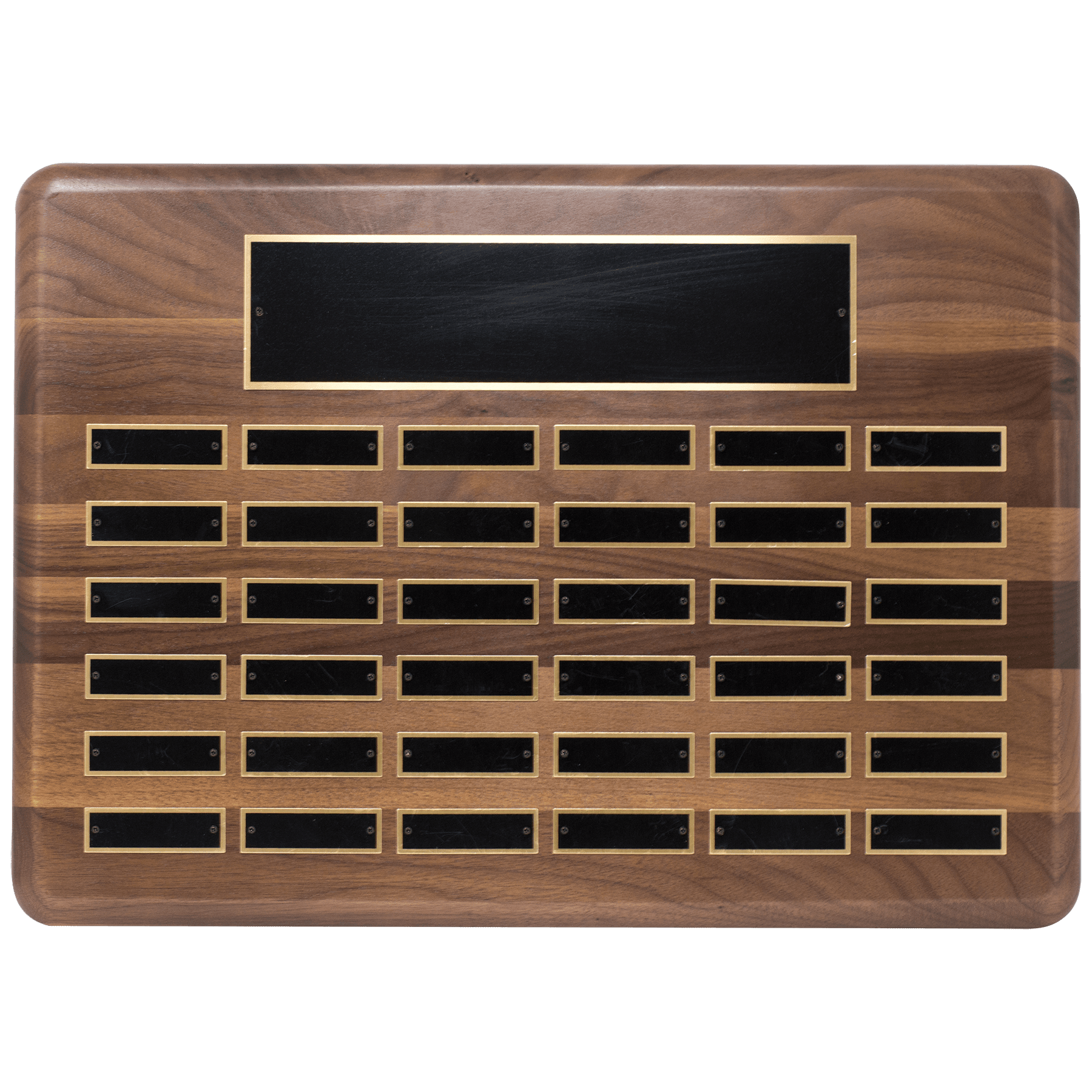 Personalized Walnut Perpetual Plaque (Black Brass Plates) – 36 Plates, 15" x 21"