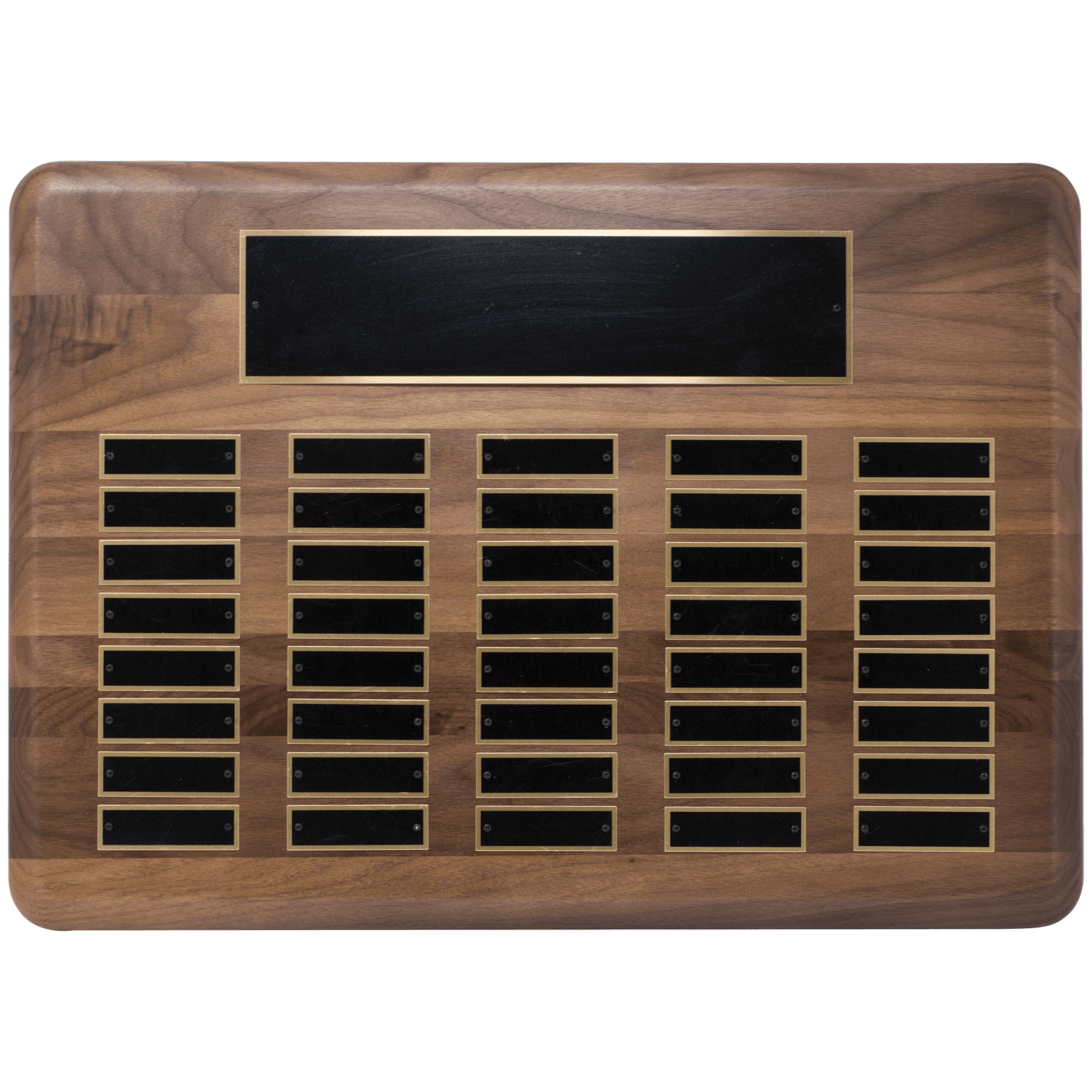 Personalized Walnut Perpetual Plaque (Black Brass Plates) – 40 Plates, 15" x 21"