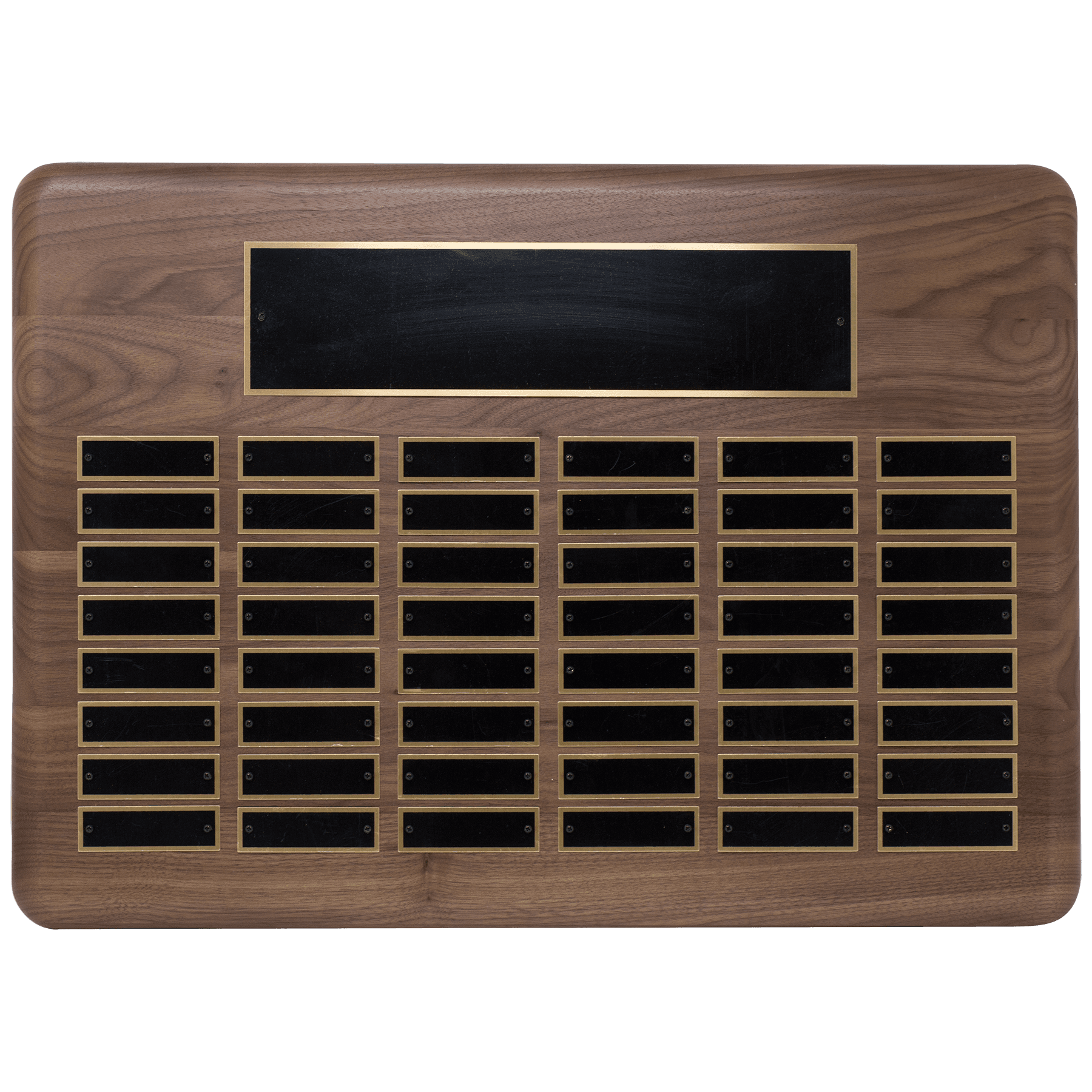 Personalized Walnut Perpetual Plaque (Black Brass Plates) – 48 Plates, 15" x 21"