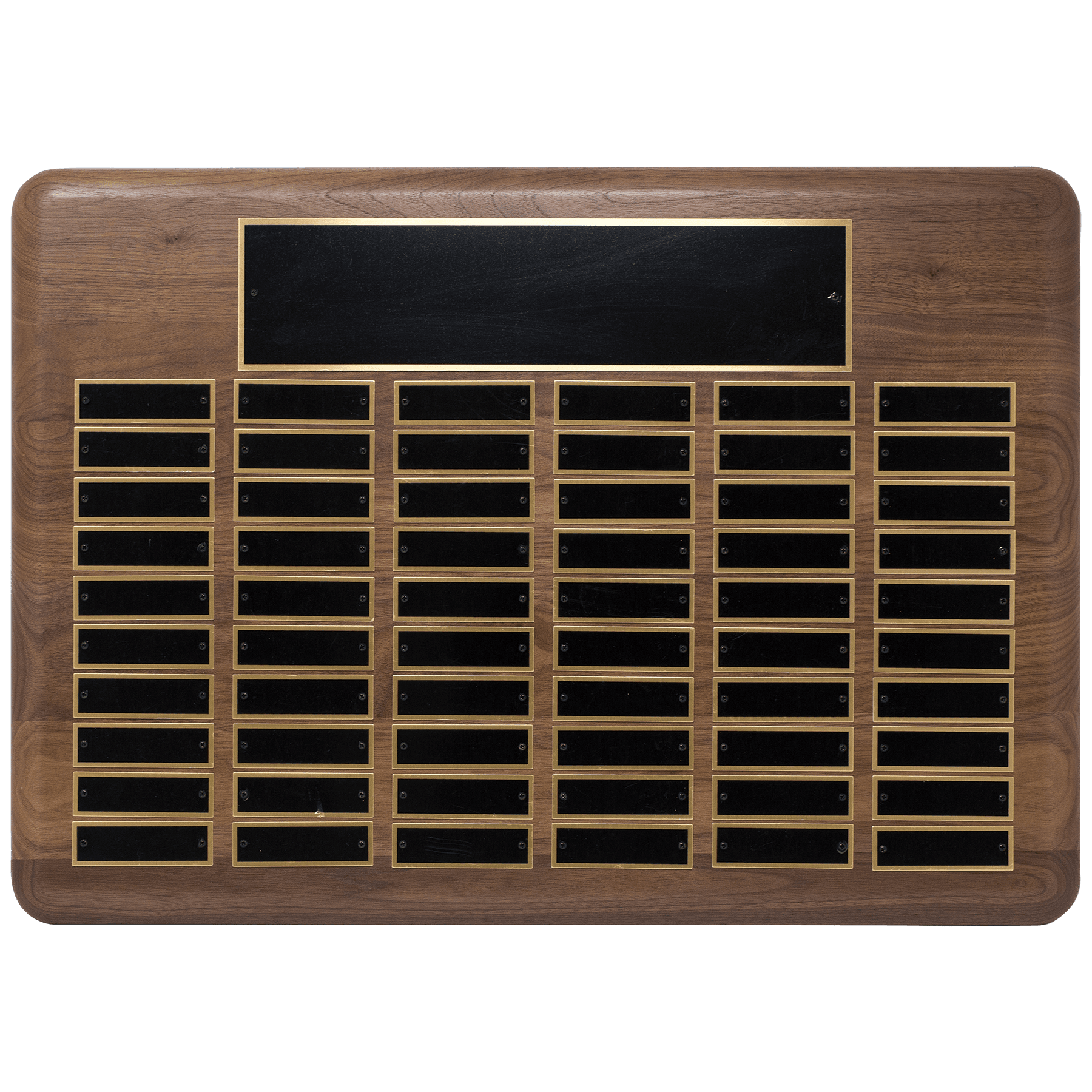 Personalized Walnut Perpetual Plaque (Black Brass Plates) – 60 Plates, 15" x 21"