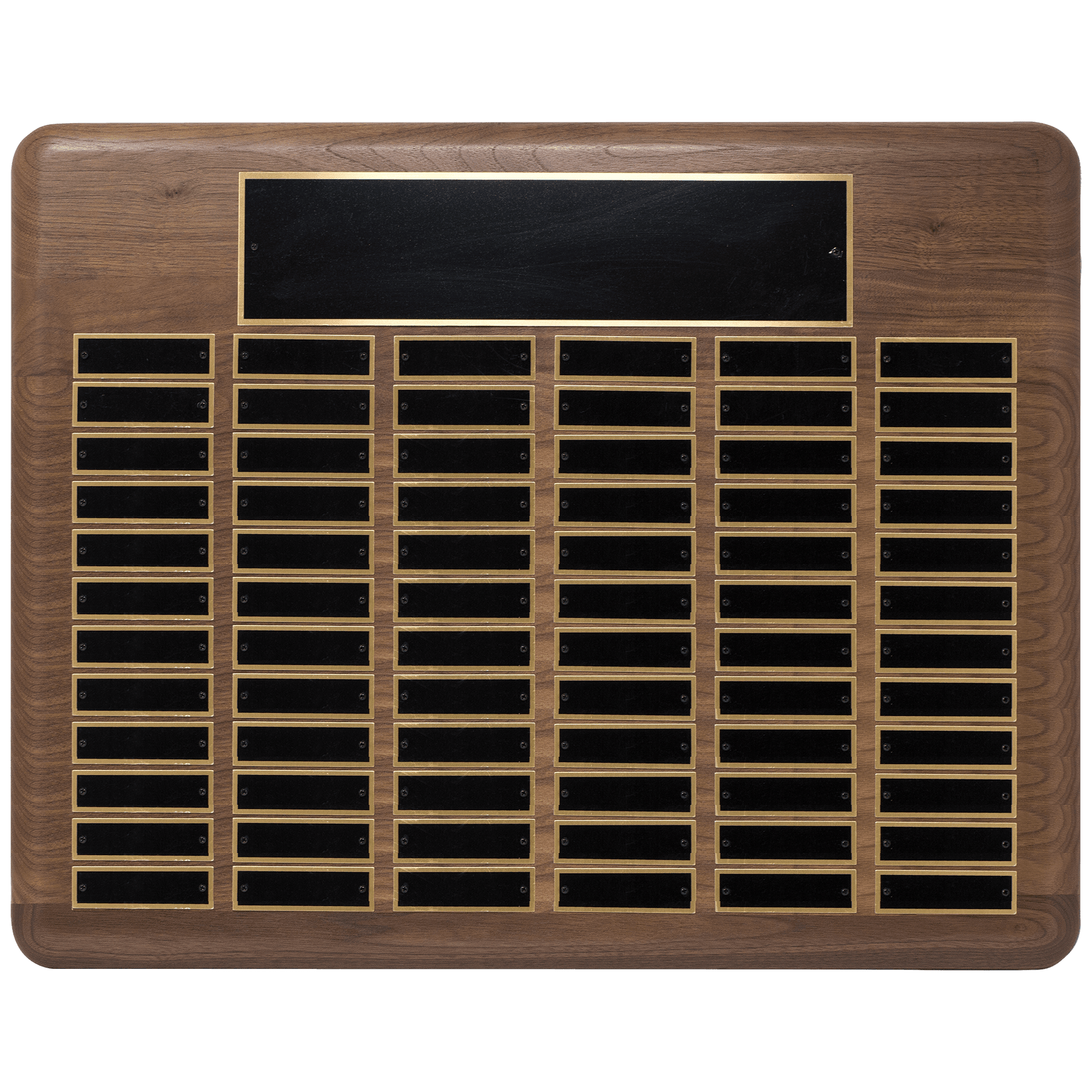 Personalized Walnut Perpetual Plaque (Black Brass Plates) – 80 Plates, 22" x 30"
