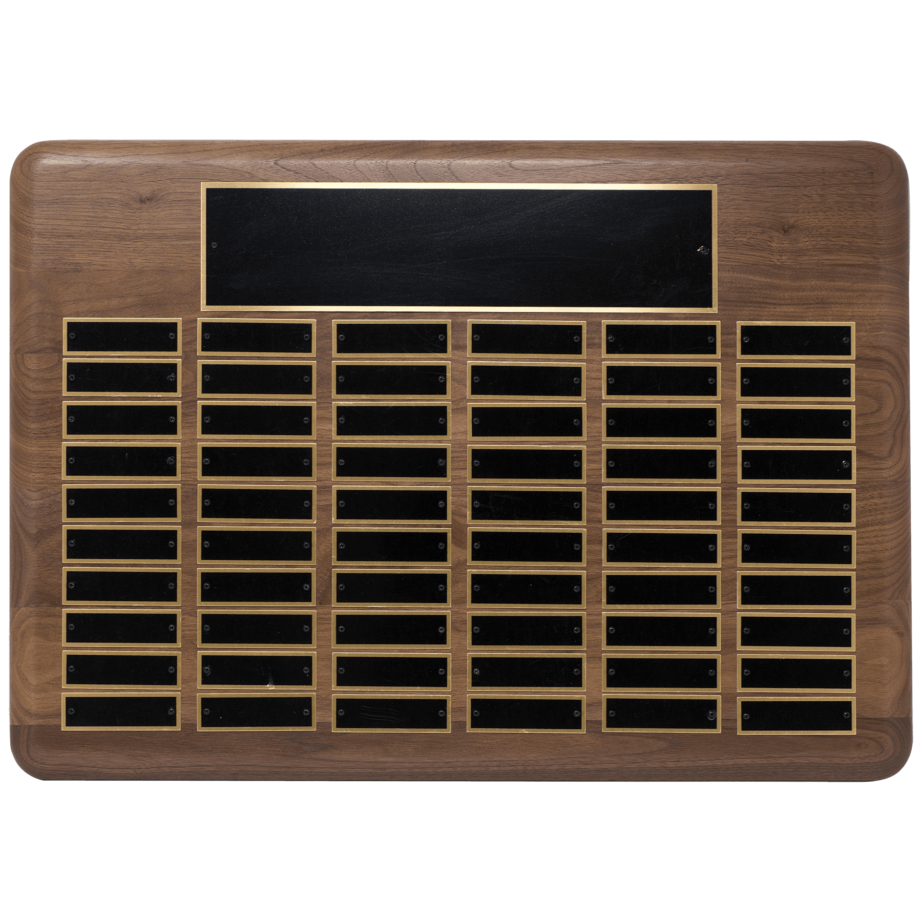 Personalized Walnut Perpetual Plaque (Black Brass Plates) – 96 Plates, 22" x 30"