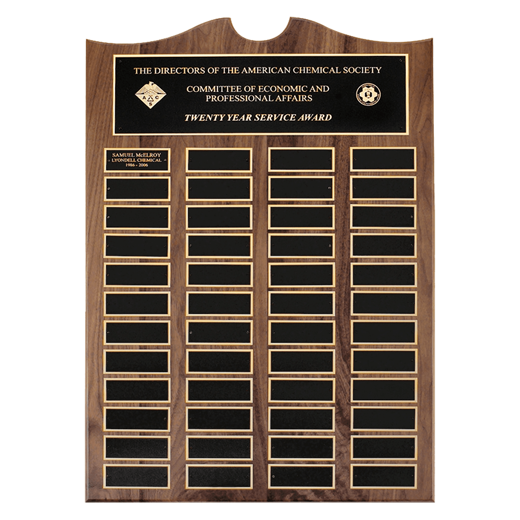 Personalized Walnut Perpetual Plaque with Extra-Large Plates – 36 Plates, 14" x 25"