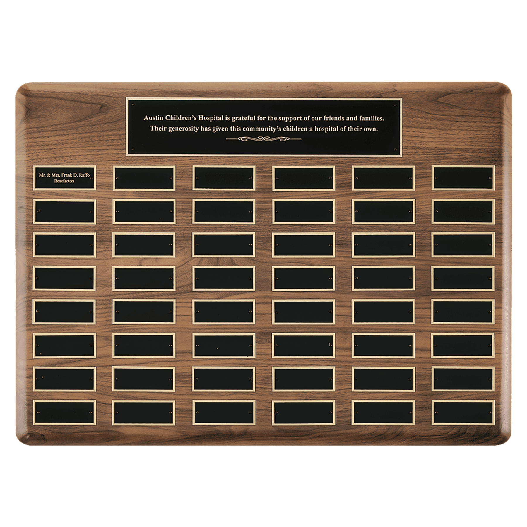 Personalized Walnut Perpetual Plaque with Extra-Large Plates – 60 Plates, 22" x 30"