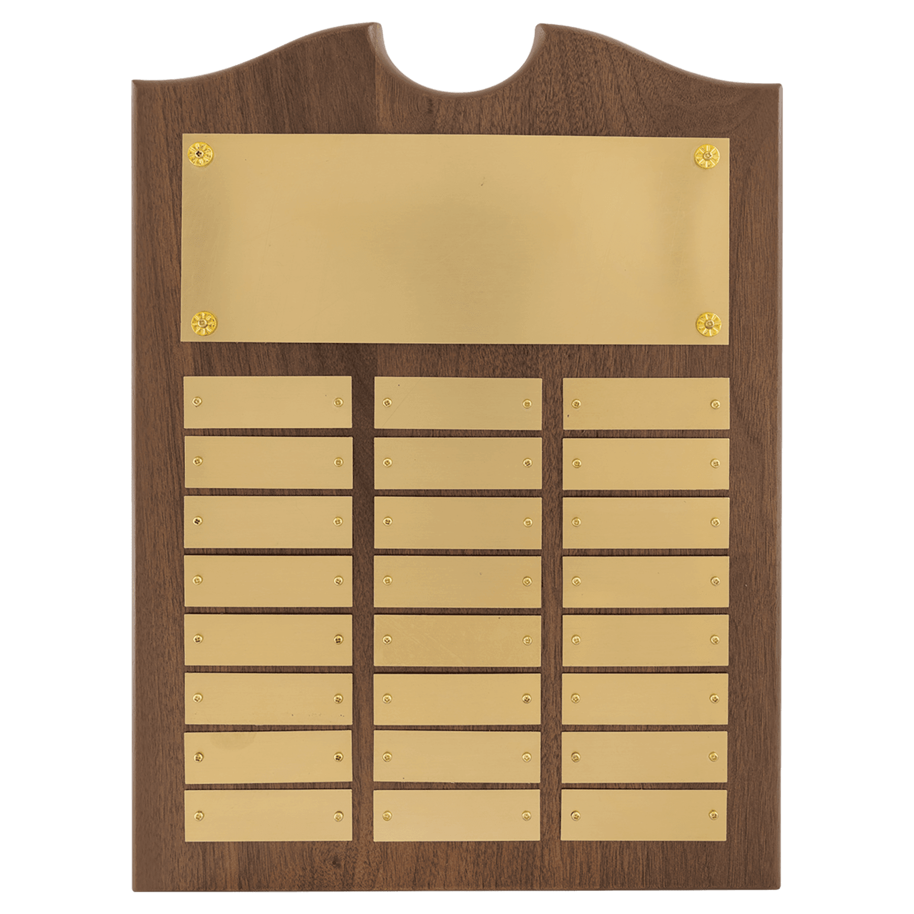 Personalized Walnut Roster Plaque with Brushed Brass Plates – 24 Plates, 11" x 15"