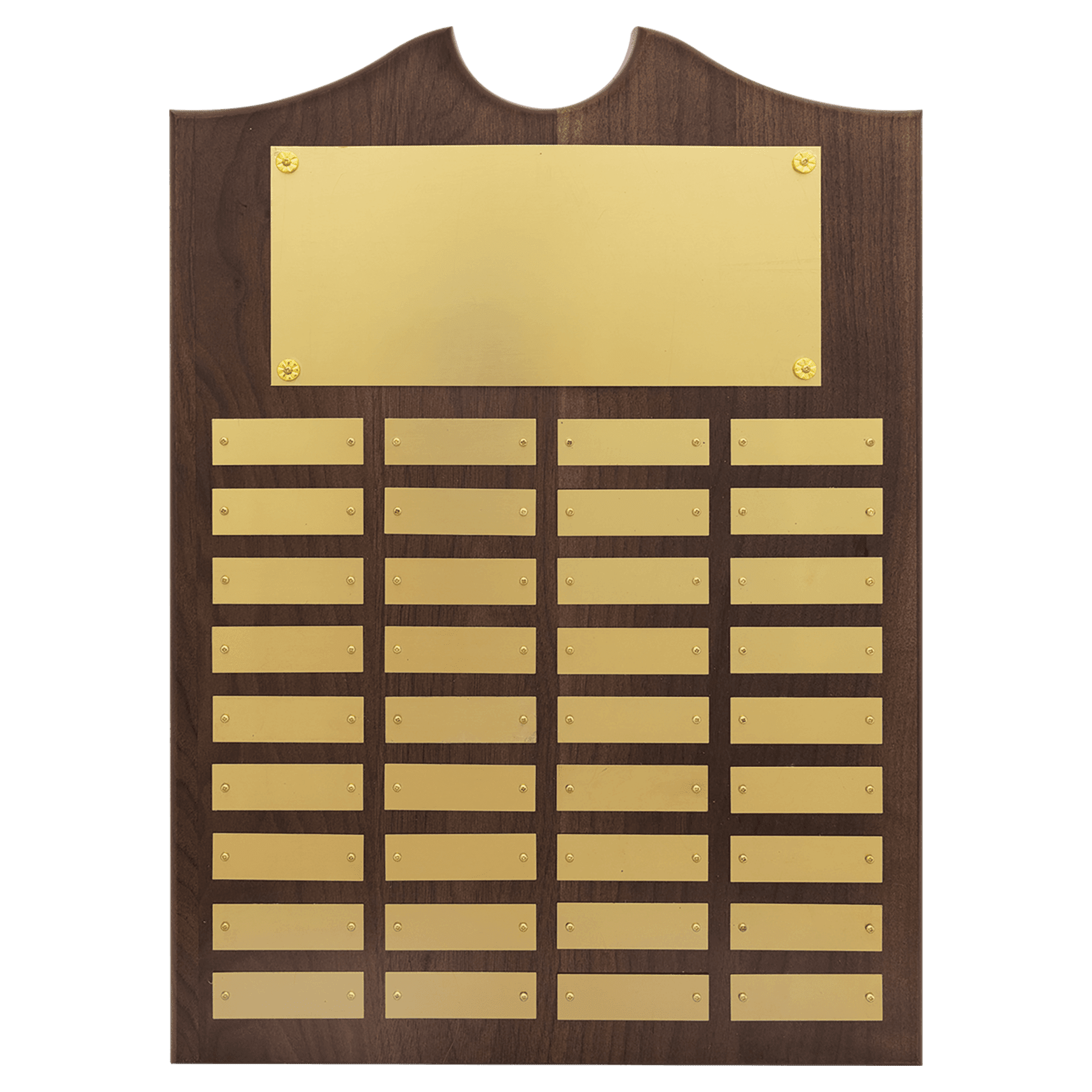 Personalized Walnut Roster Plaque with Brushed Brass Plates – 36 Plates, 14" x 20"