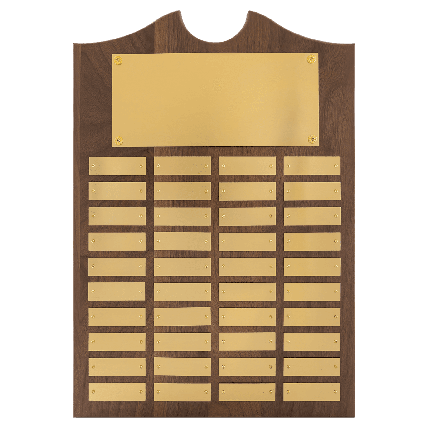 Personalized Walnut Roster Plaque with Brushed Brass Plates – 40 Plates, 14" x 20"