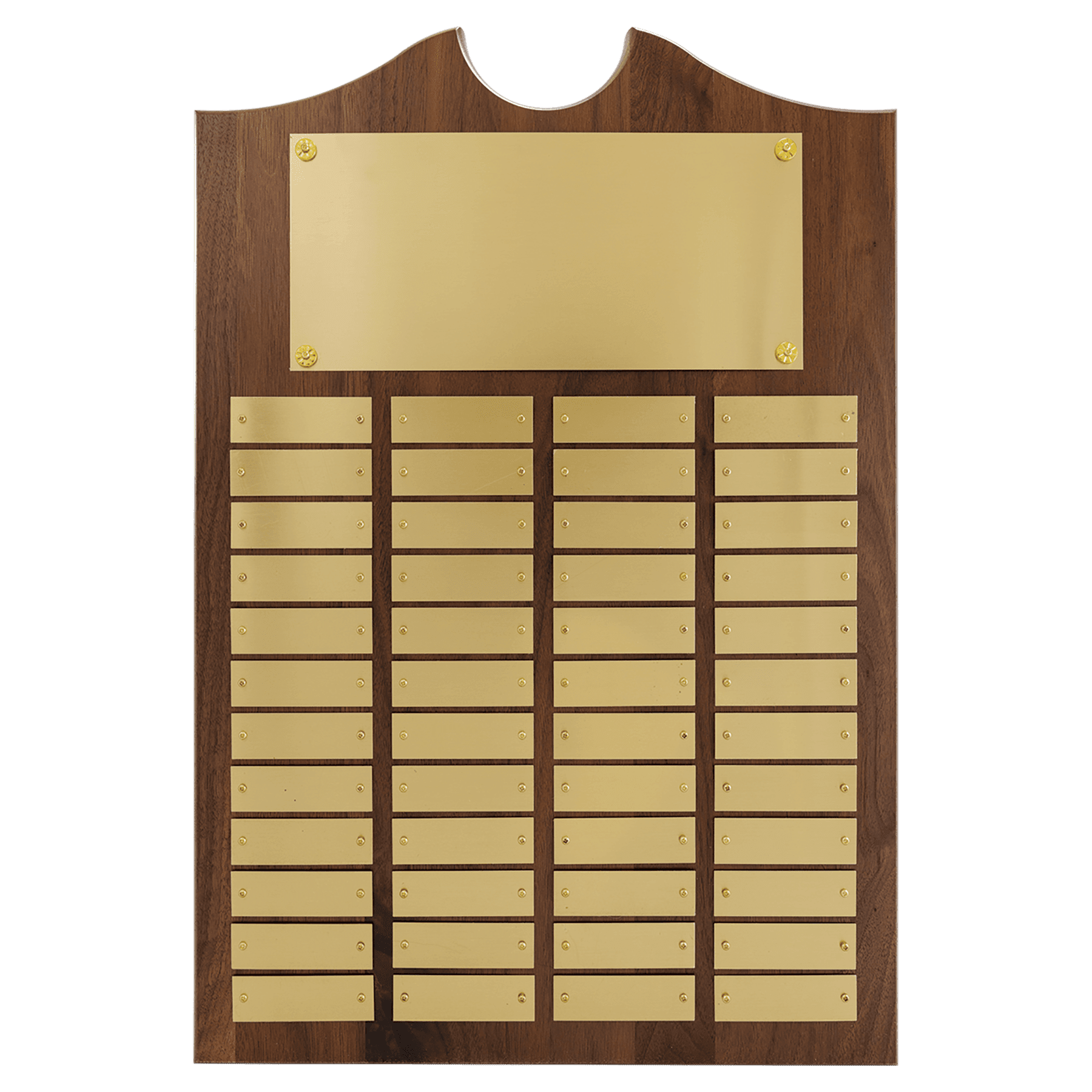 Personalized Walnut Roster Plaque with Brushed Brass Plates – 48 Plates, 14" x 20"
