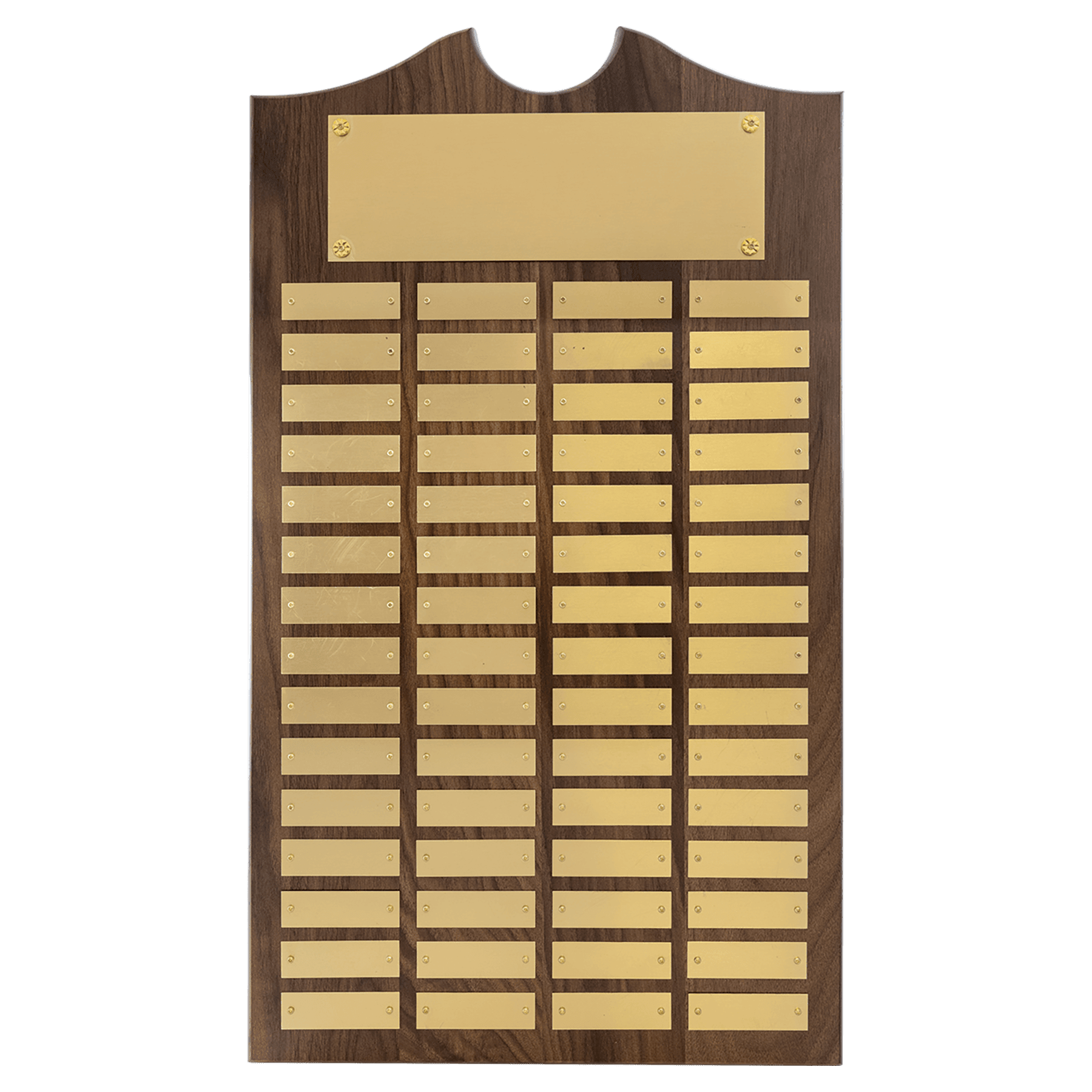 Personalized Walnut Roster Plaque with Brushed Brass Plates – 60 Plates, 14" x 25"