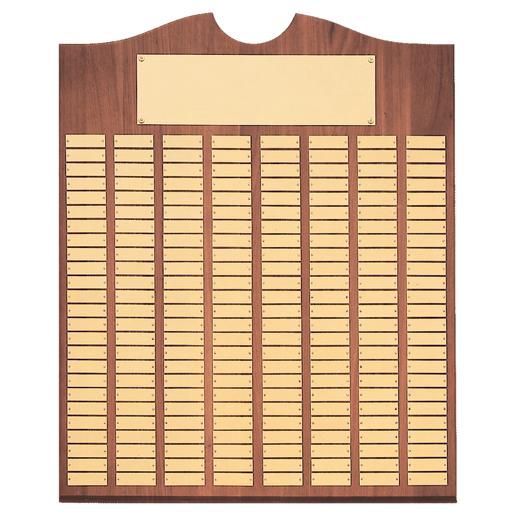 Personalized Walnut Roster Plaque with Brushed Brass Plates – 72 Plates, 14" x 25"