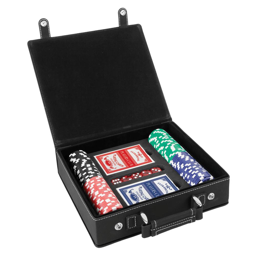 Personalized Poker Chip Set, 100 Chips - Black/Silver Faux Leather