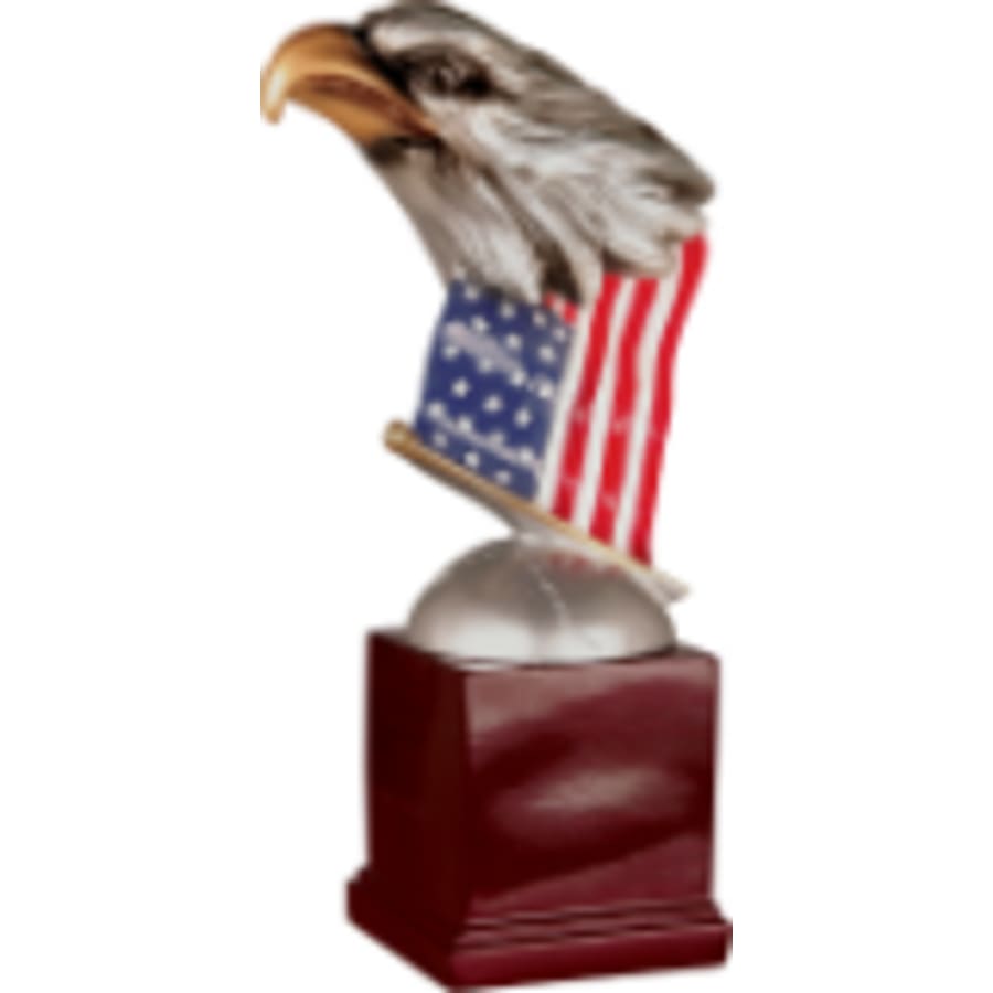 Premium Trophy Toppers: Eagles, Metal Figures and Trims (Single or 5) - 8 1/2" Eagle Head and Flag on Resin Base