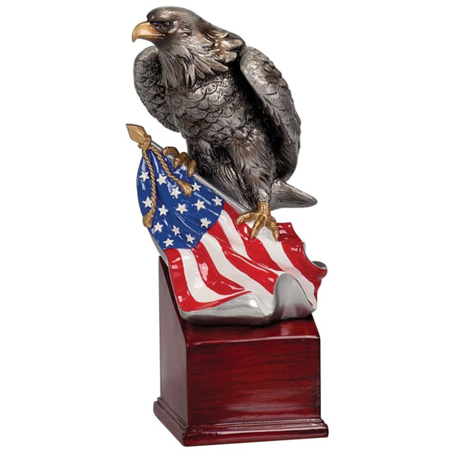 Premium Trophy Toppers: Eagles, Metal Figures and Trims (Single or 5) - 8 3/4" Eagle and Flag on Resin Base