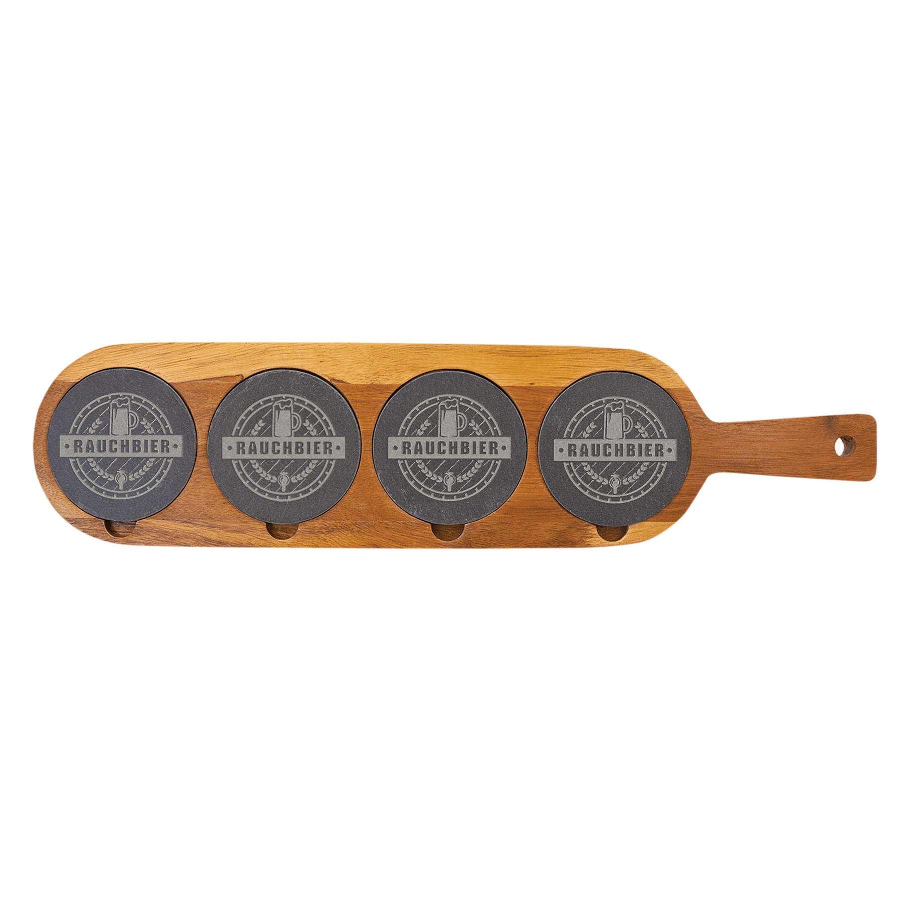 Personalized Acacia and Slate Serving Board - 18 1/2in x 4 1/4in Tray with Slate Coasters