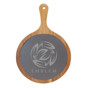Personalized Acacia and Slate Serving Board - 8 1/4in x 12 1/4in Round with Handle