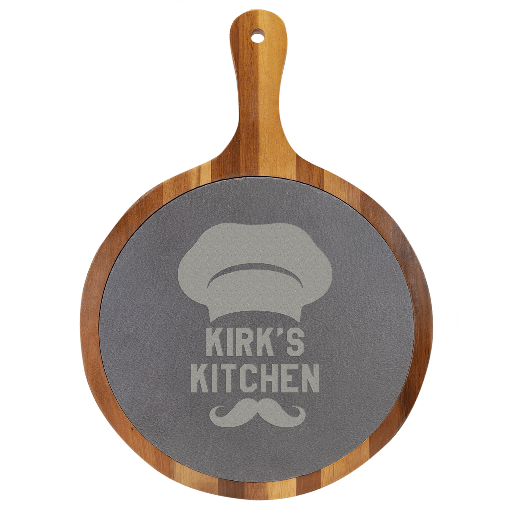 Personalized Acacia and Slate Serving Board - 10 1/2in x 14 1/2in Round with Handle