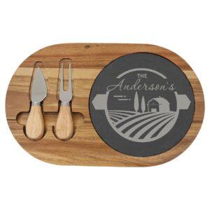 Personalized Acacia and Slate Cheese Board Set - 12 1/2in x 7 3/4in Oval with 2 Tools
