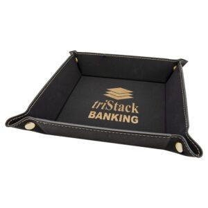Personalized Valet Tray, Engraved Faux Leather Snap Tray - 6" x 6", Black/Gold