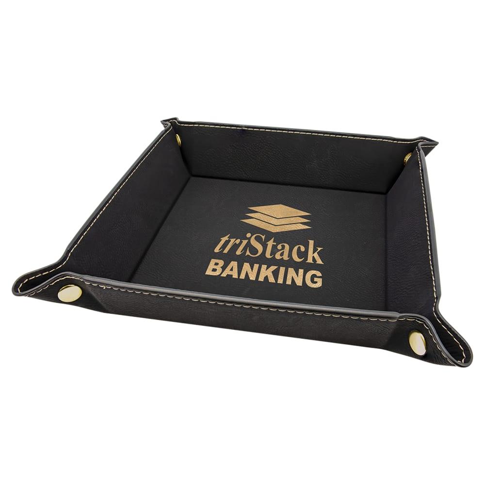Personalized Valet Tray, Engraved Faux Leather Snap Tray - 6" x 6", Black/Gold
