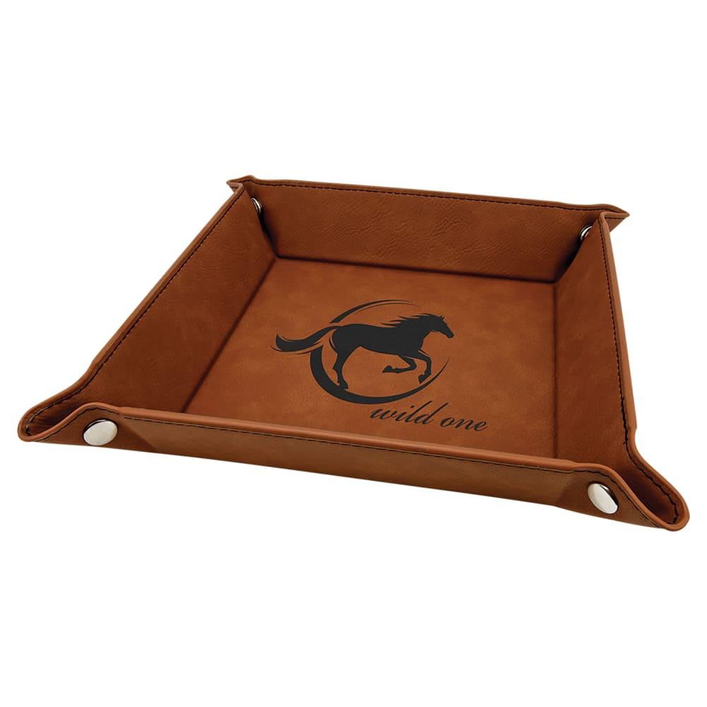 Personalized Valet Tray, Engraved Faux Leather Snap Tray - 6" x 6", Rawhide
