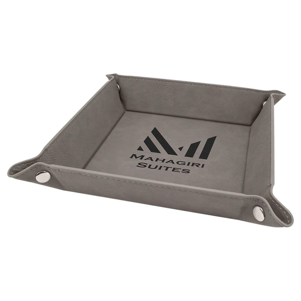 Personalized Valet Tray, Engraved Faux Leather Snap Tray - 6" x 6", Gray
