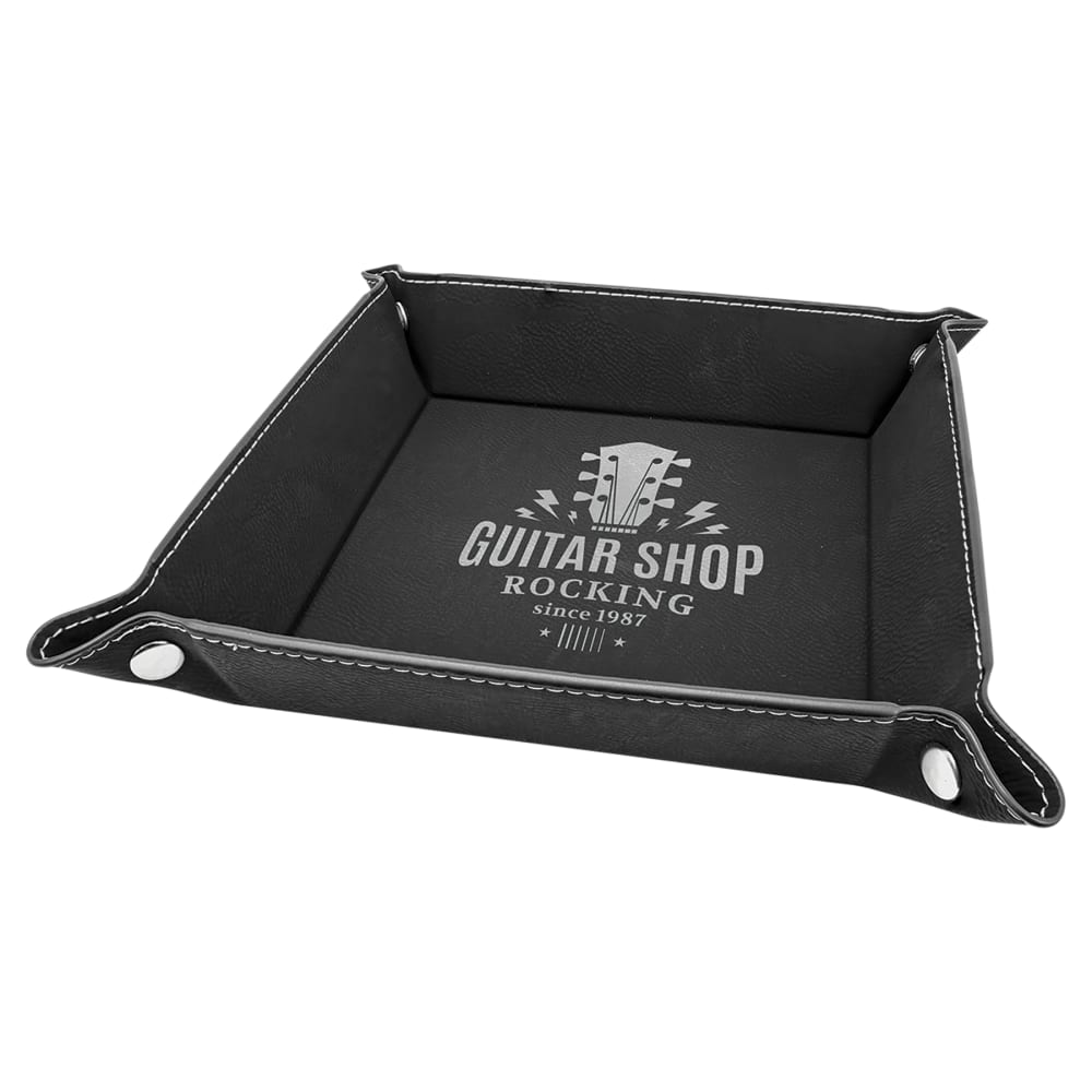 Personalized Valet Tray, Engraved Faux Leather Snap Tray - 6" x 6", Black/Silver