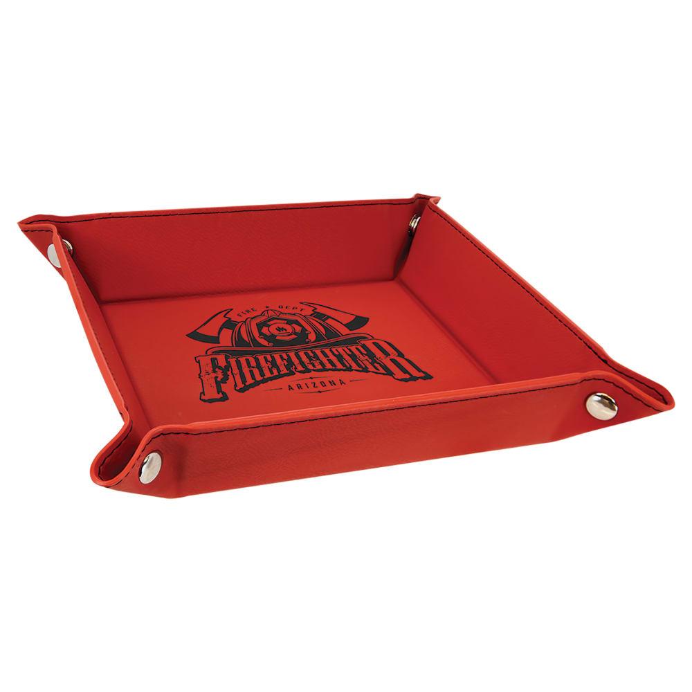 Personalized Valet Tray, Engraved Faux Leather Snap Tray - 6" x 6", Red