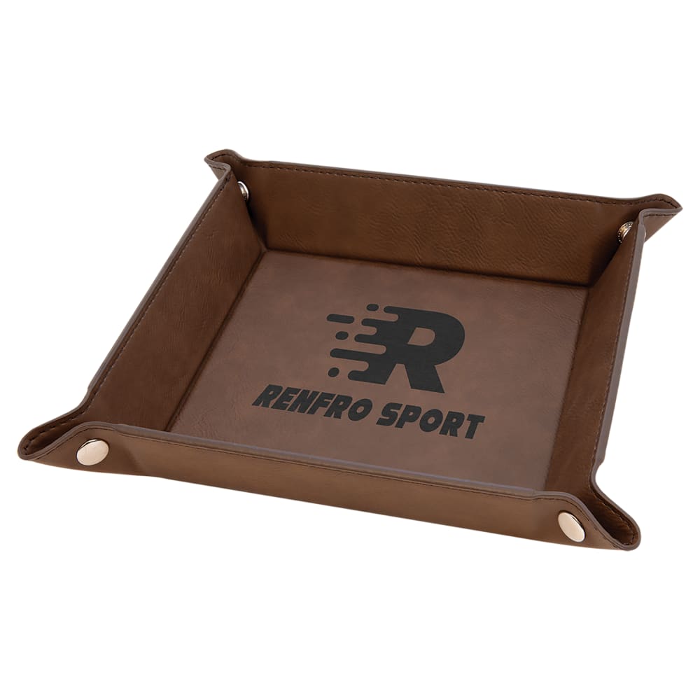 Personalized Valet Tray, Engraved Faux Leather Snap Tray - 6" x 6", Dark Brown