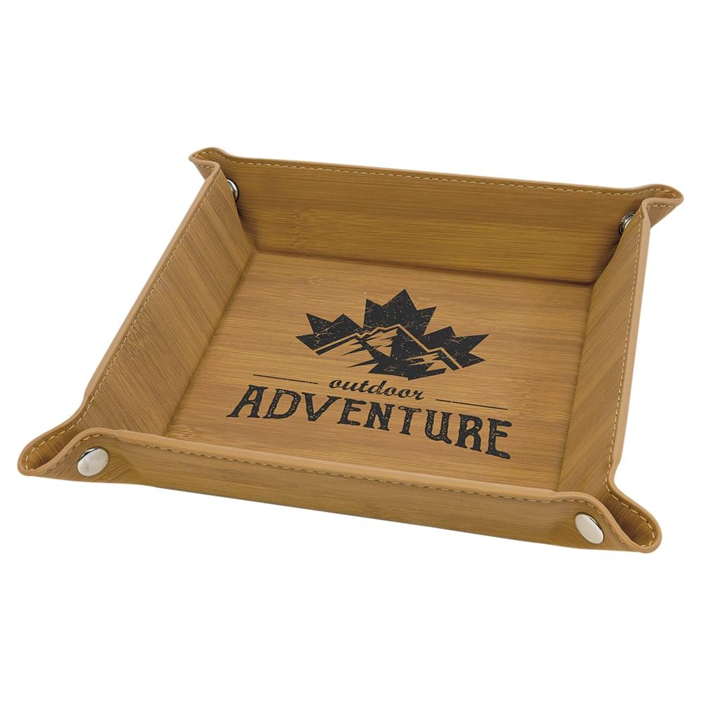 Personalized Valet Tray, Engraved Faux Leather Snap Tray - 6" x 6", Bamboo