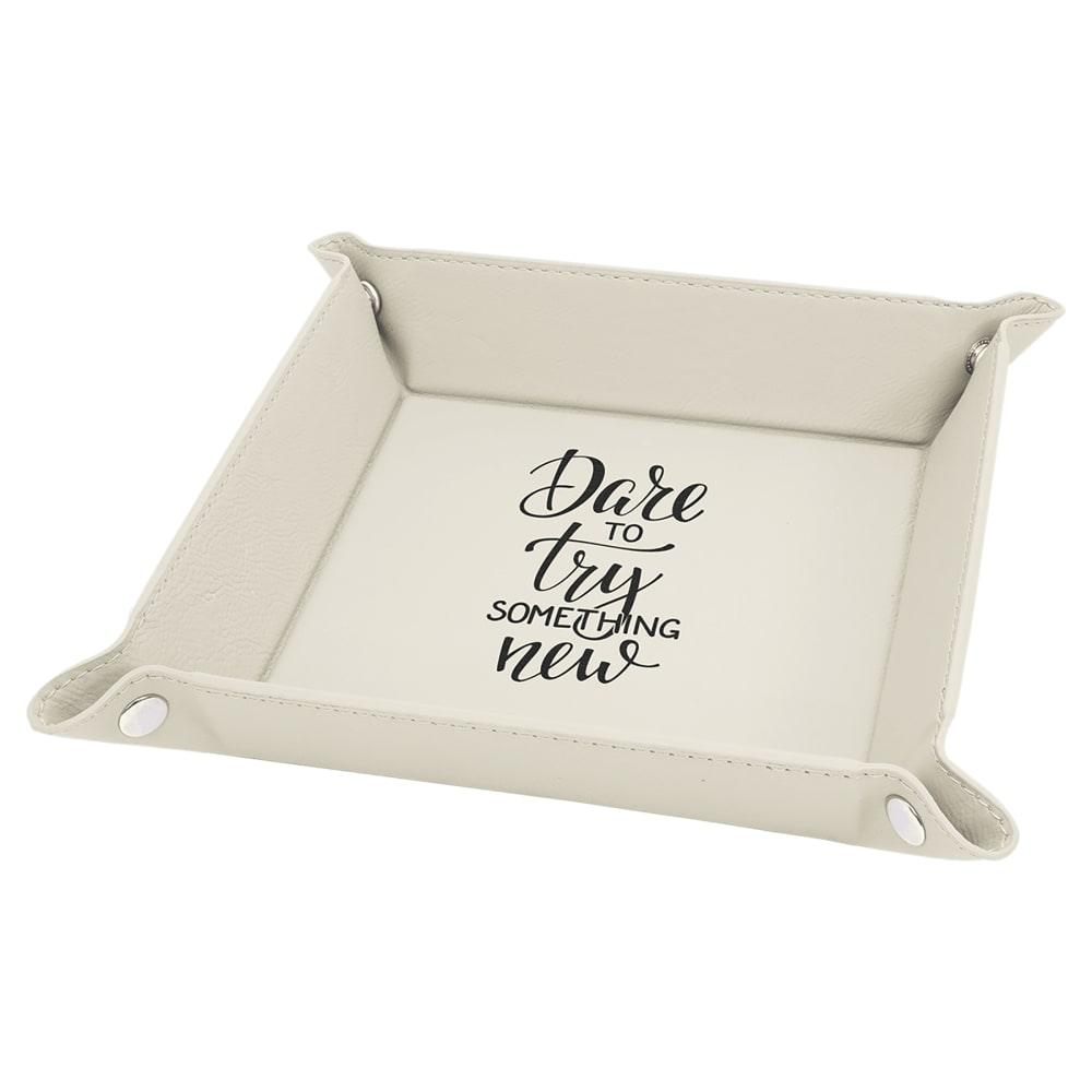 Personalized Valet Tray, Engraved Faux Leather Snap Tray - 6" x 6", White