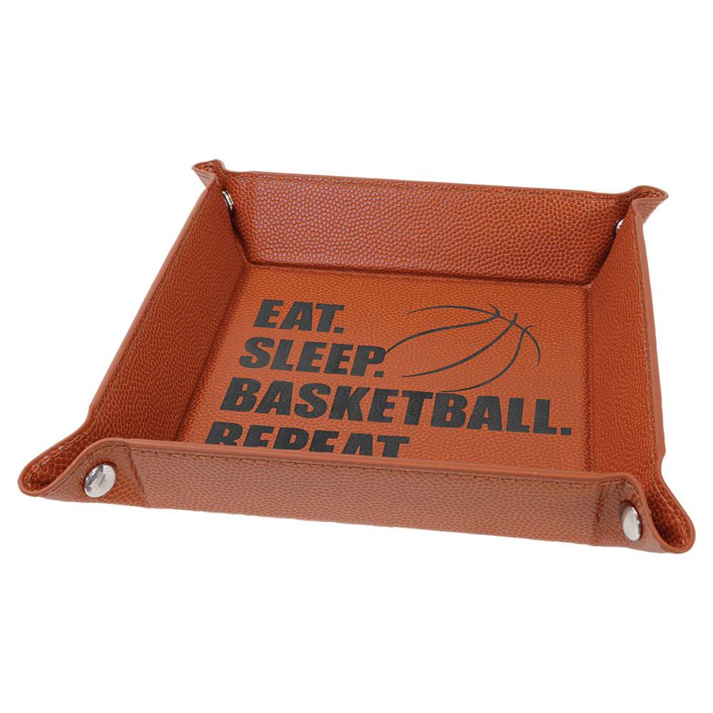 Personalized Valet Tray, Engraved Faux Leather Snap Tray - 6" x 6", Basketball